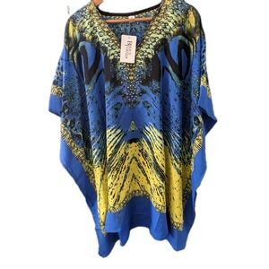 Kaftan Cover Up Midi Loungewear Dress NWT Blue‎ Black Yellow One Size Rhnestones